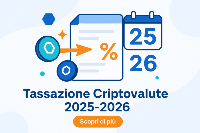 semplificazione cripto attività, simboli astratti di token digitali, documenti stilizzati e icone fiscali