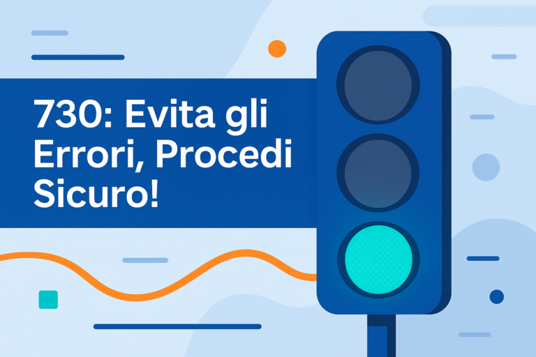 Illustrazione flat design con semaforo che mostra la luce verde, con la scritta "730: Evita gli errori, procedi sicuro"