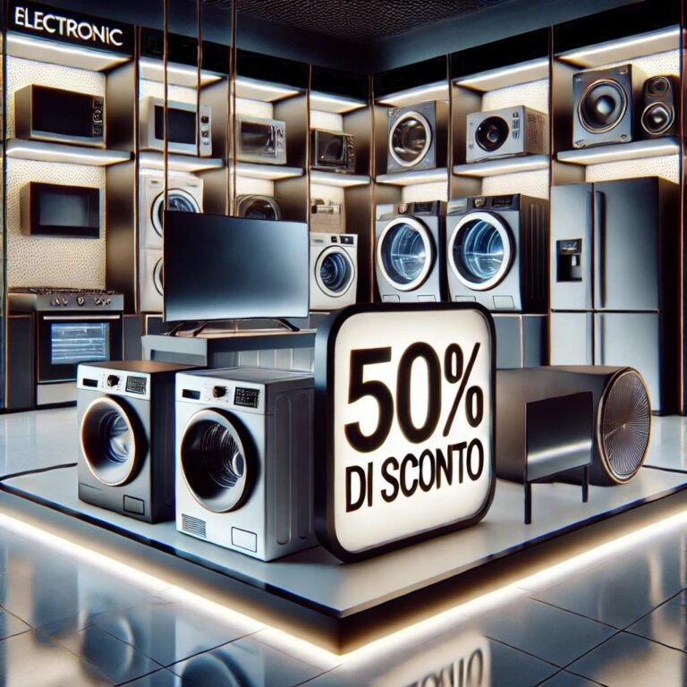 Negozio moderno con elettrodomestici in esposizione. Al centro un cartello con la scritta 50% DI SCONTO