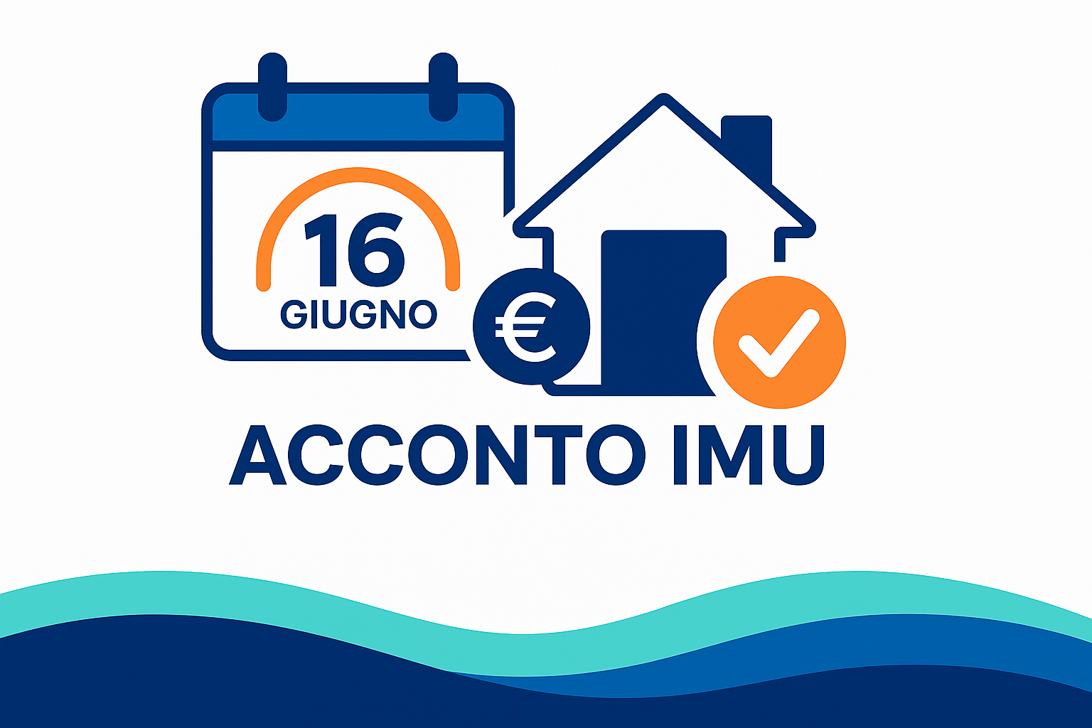 Illustrazione rappresentante la scadenza dell'acconto IMU del 16 giugno 2025, con un calendario e una casa con simbolo euro