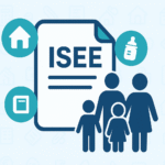 Illustrazione flat 2.0 del servizio ISEE con documento centrale, icone di casa, libro e biberon, e silhouette stilizzate di una famiglia su sfondo con pattern leggero.