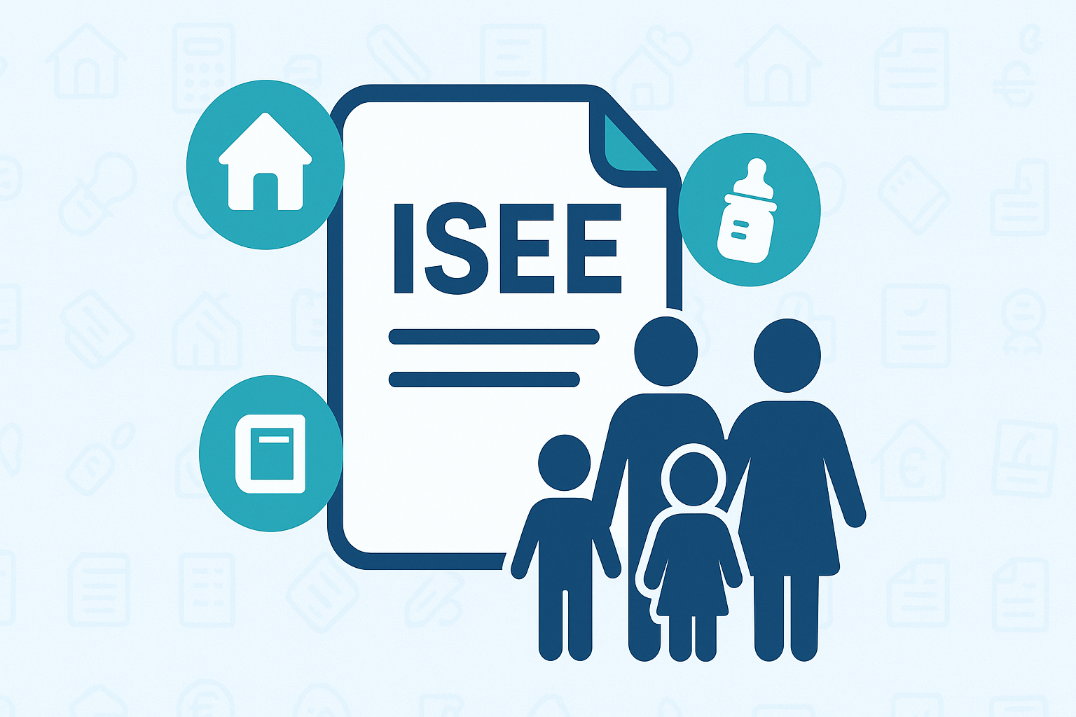 Illustrazione flat 2.0 del servizio ISEE con documento centrale, icone di casa, libro e biberon, e silhouette stilizzate di una famiglia su sfondo con pattern leggero.