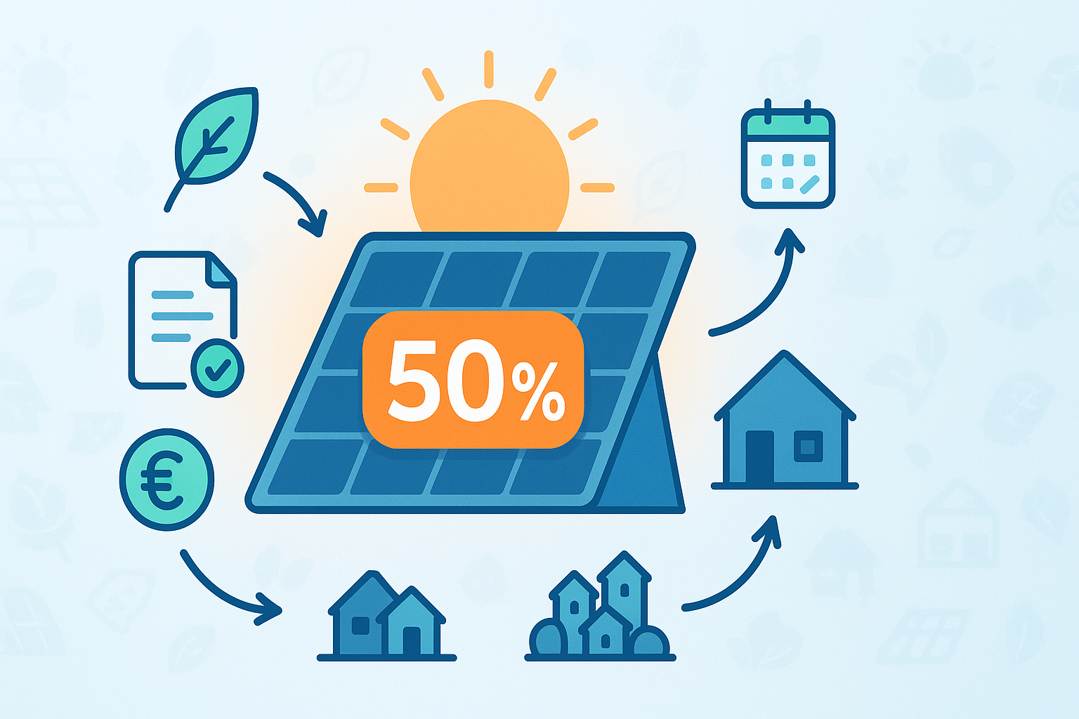 Illustrazione flat di CAF Public con pannello solare e sole nascente, badge arancione 50%, icone di documento con check, calendario, simbolo euro, casa e comunità energetiche collegate da frecce curve, su sfondo azzurro con pattern eco.