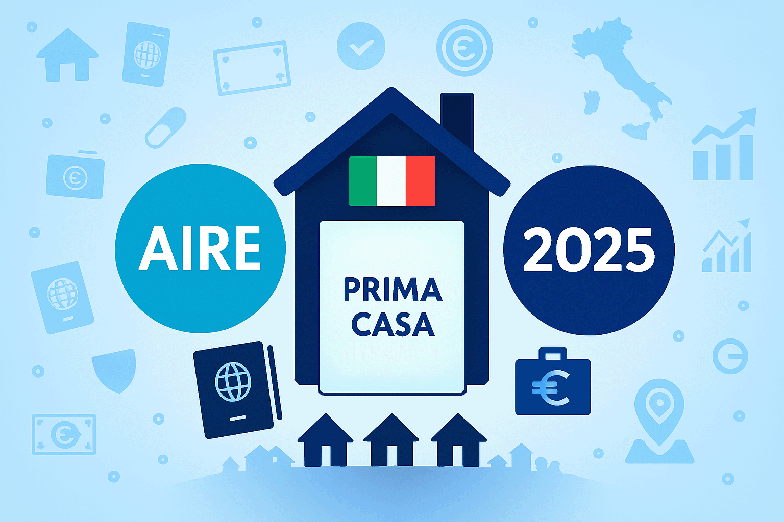 Illustrazione vettoriale flat 16:9 sul Bonus Prima Casa AIRE 2025 di CAF Public