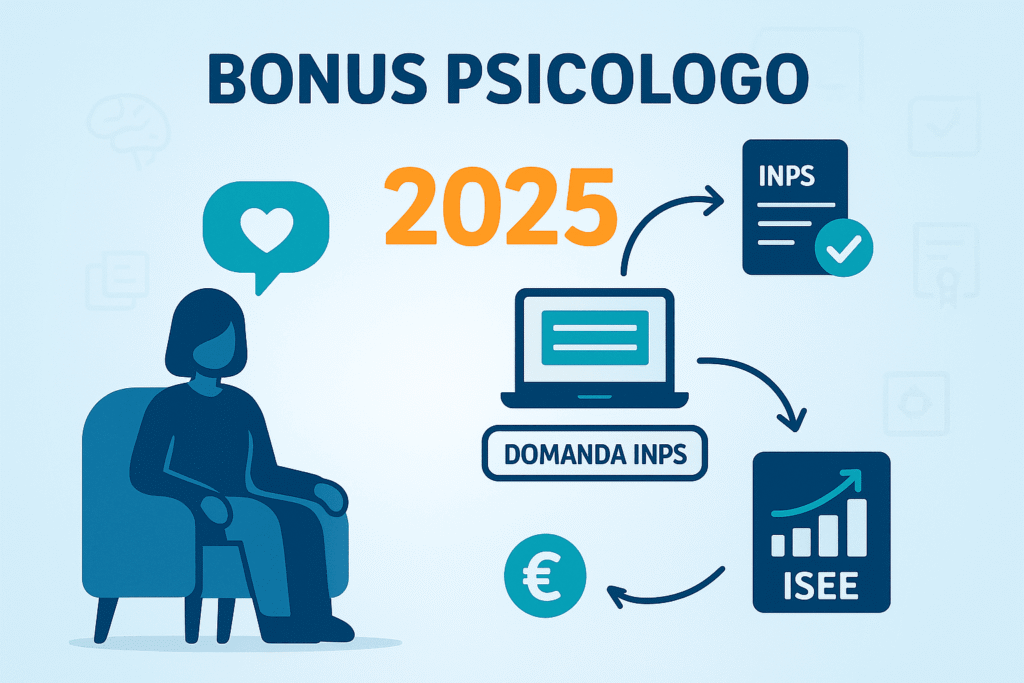 Illustrazione flat stile CAF Public sul Bonus Psicologo: requisiti ISEE, domanda INPS e supporto psicologico con icone di documento, cuore e figura stilizzata.