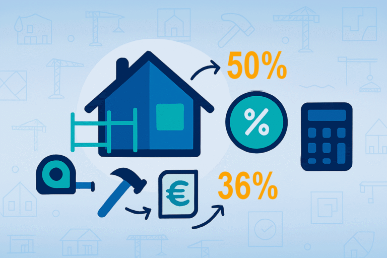 Illustrazione flat stile CAF Public sul Bonus Ristrutturazione: casa in ristrutturazione con ponteggi e calcolatrice fiscale, evidenziate le aliquote 50% e 36% per detrazione prima e seconda casa.