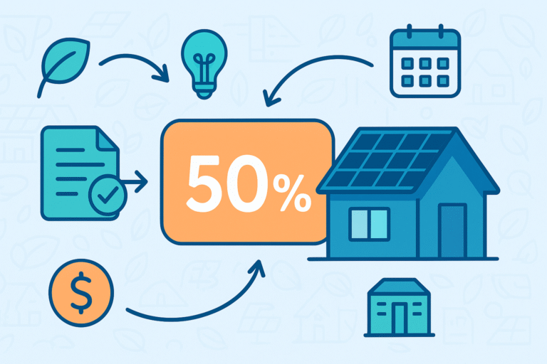 Illustrazione flat che mostra una casa con pannelli solari, badge arancione 50%, documento fiscale con check, moneta, calendario e icone eco-collegate da frecce, a rappresentare detrazioni e risparmio energetico con supporto CAF