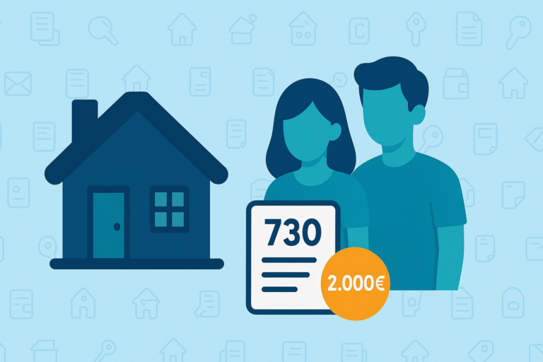 Illustrazione flat: coppia giovane accanto a una casa stilizzata, documento con scritto "730" e bollino arancione "2.000€" su sfondo blu con icone a filigrana.
