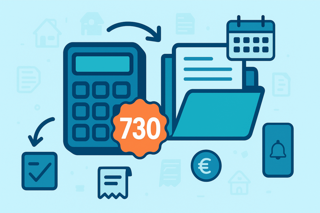 Illustrazione cafpublic sul Modello 730 2025 con documenti, spese e scadenze fiscali