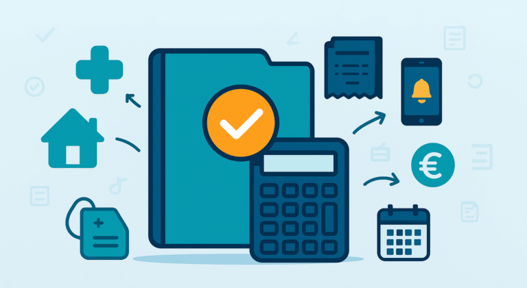 Illustrazione CAF Public spese detraibili 730/2025: cartellina, calcolatrice, icone spese e scadenze