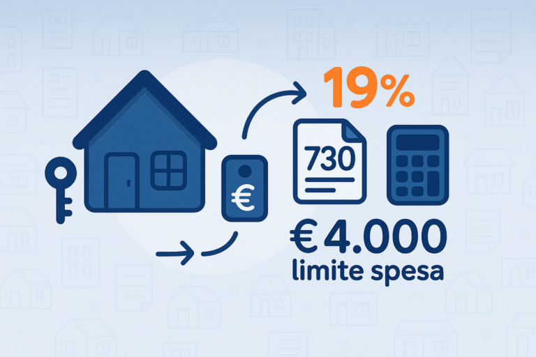 Infografica flat 16:9 su detrazione fiscale mutuo casa al 19%, con sfondo sfumato azzurro e pattern di case e moduli fiscali, icona casa blu scuro con chiave, frecce curve arrotondate verso icone modulo 730, documento con simbolo euro e calcolatrice, testo “€ 4.000 limite spesa”