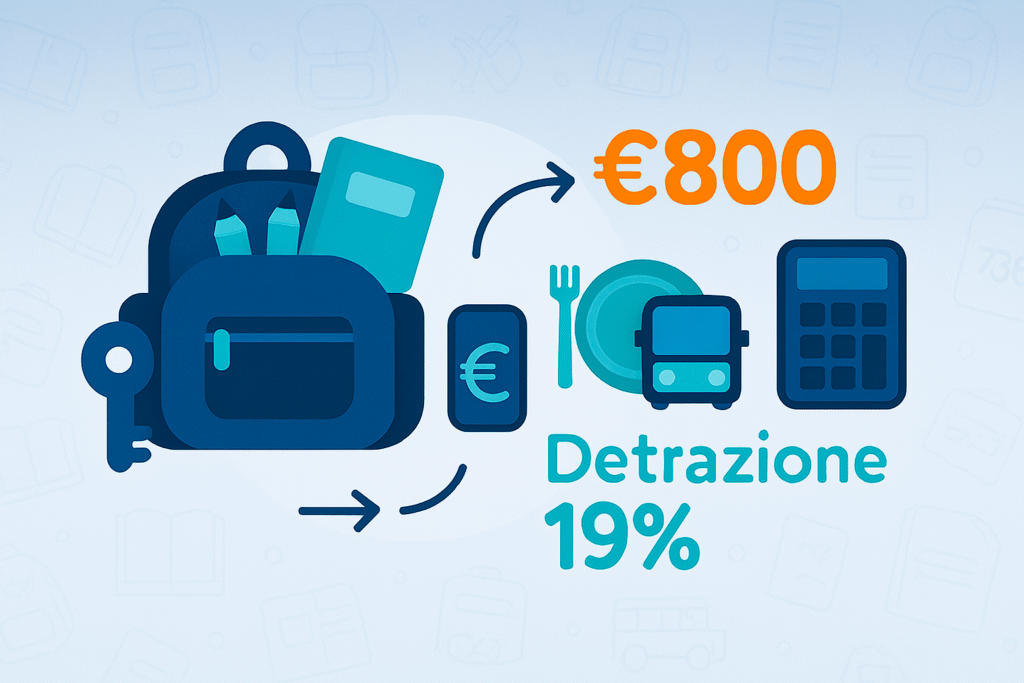 Infografica flat 16:9 su detrazione fiscale spese scolastiche: zaino blu scuro aperto con quaderni e matite, testo “€ 800” in arancione e “Detrazione 19%” in verde acqua, icone di libro, mensa, autobus e modulo 730 collegate da frecce curve.