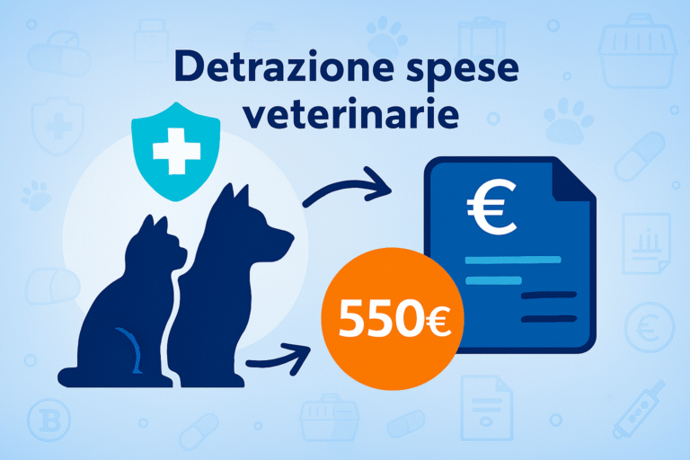 Illustrazione vettoriale flat 16:9 su detrazioni spese veterinarie: a sinistra sagome blu scuro di cane e gatto con scudo turchese e croce bianca, al centro badge arancione “€550” come importo detraibile, a destra documento blu con simbolo € in bianco di CAF Public.