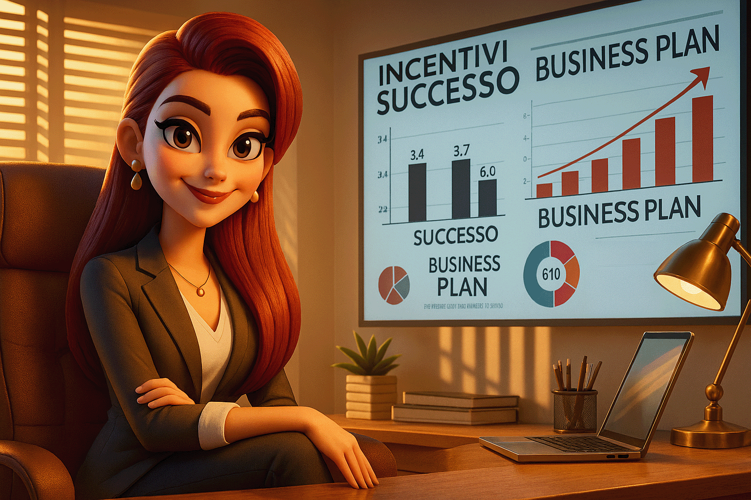 Illustrazione stilizzata di una professionista in ufficio, con grafici e dati sullo schermo alle sue spalle. Rappresenta pianificazione strategica, successo e innovazione digitale nella Pubblica Amministrazione per il 2025 di CAF Public.