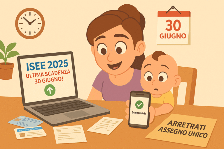 Immagine flat in formato 16:9 con una madre sorridente e un bambino seduti a un tavolo. Sul tavolo un laptop mostra “ISEE 2025 Ultima scadenza 30 giugno”, uno smartphone riporta “Delega Inviata”, e accanto ci sono documenti e una cartella etichettati “Arretrati Assegno Unico”. In secondo piano, un calendario a muro evidenzia la data “30 Giugno” in rosso.