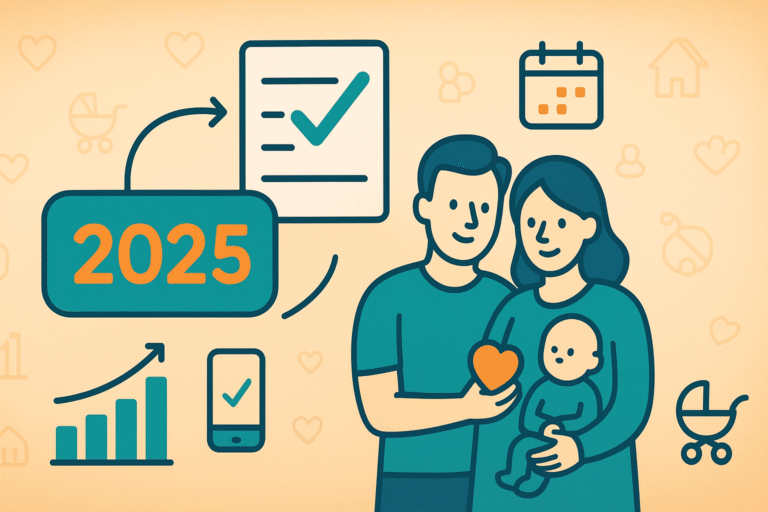 Illustrazione di una famiglia con un neonato, circondata da icone che rappresentano pianificazione e crescita: calendario, checklist, grafico, casa e passeggino, con l'anno 2025 in evidenza. Simboleggia cura, obiettivi familiari e pianificazione economica per l'ISEE di CAF Public.