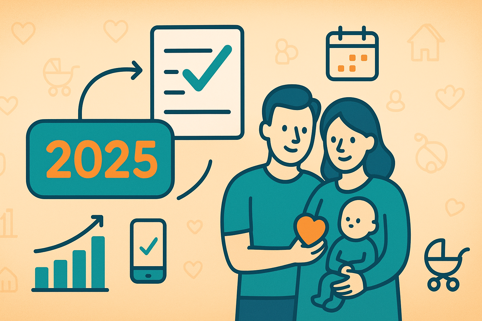 Illustrazione di una famiglia con un neonato, circondata da icone che rappresentano pianificazione e crescita: calendario, checklist, grafico, casa e passeggino, con l'anno 2025 in evidenza. Simboleggia cura, obiettivi familiari e pianificazione economica per l'ISEE di CAF Public.
