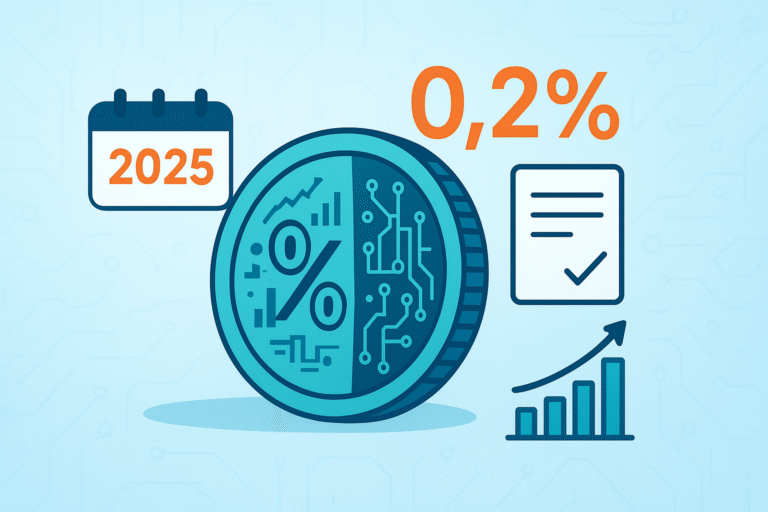 Illustrazione in stile Flat 2.0 di CAF Public sull’IVCA Criptovalute: calcolo imposta 0,2%, pagamento e scadenze fiscali, con mix di elementi finanziari e digitali
