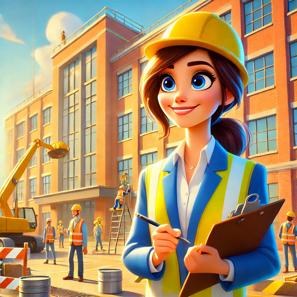 Operatrice edile con casco giallo e giubbotto ad alta visibilità che prende appunti su un cantiere attivo, con altri lavoratori e macchinari sullo sfondo.