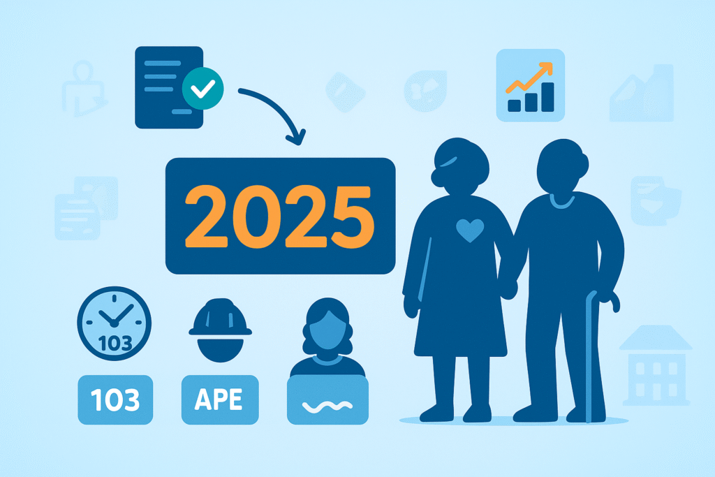 Illustrazione cafpublic pensioni 2025 e quota 103 con icone previdenziali di CAF Public