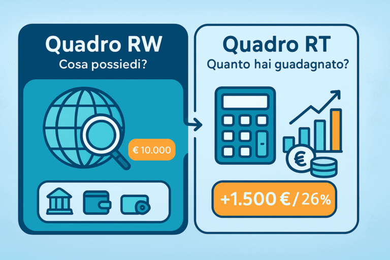 Infografica CAF Public che confronta Quadro RW e Quadro RT: a sinistra monitoraggio del patrimonio estero con icone di banca, portafoglio e cripto; a destra tassazione delle plusvalenze con calcolatrice, grafico a barre e monete euro.