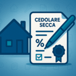 Illustrazione flat: casa blu e documento con la scritta "CEDOLARE SECCA", penna inclinata e timbro - servizio di registrazione contratto di affitto di CAF Public.