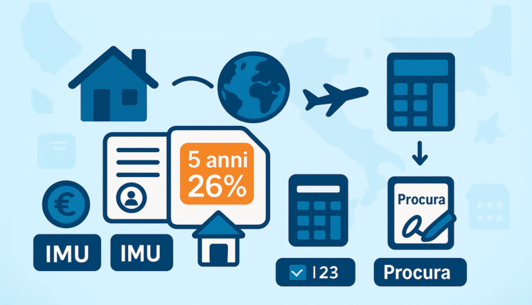 Infografica flat style 2025: vendere casa in Italia dall’estero con guida completa su plusvalenza, imposta 26%, IMU, TARI e procura notarile.