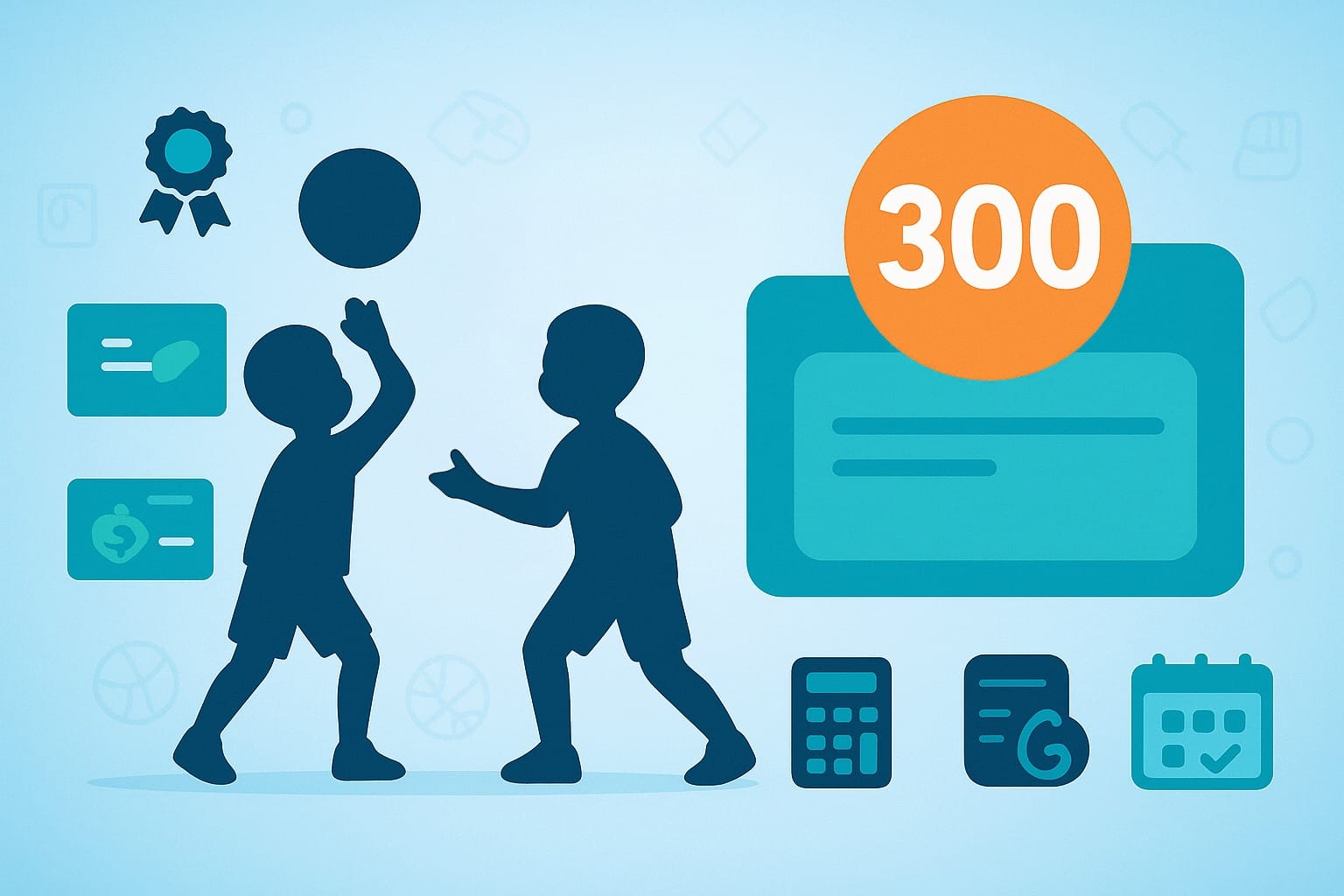Illustrazione flat stile CAF Public: due bambini giocano a basket accanto a una card con badge arancione da 300 euro, circondati da icone di documenti, calcolatrice e calendario. Grafica informativa sul bonus sport 2025.