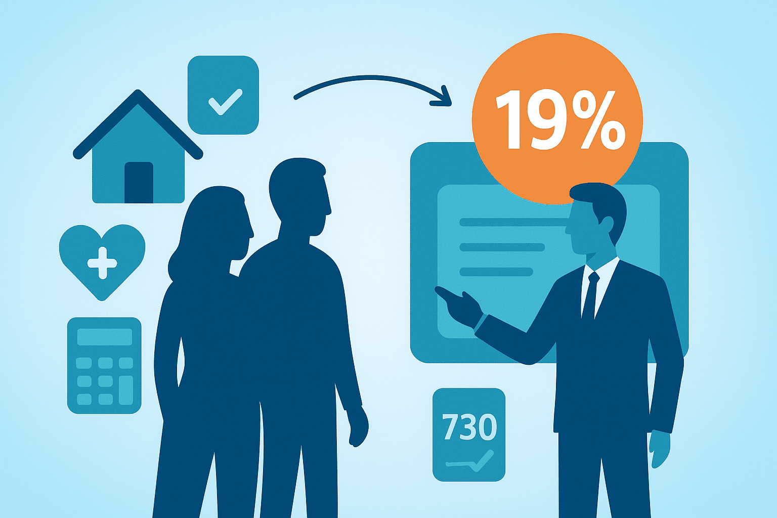 Illustrazione in stile flat CAF Public che rappresenta una famiglia e un consulente CAF davanti a un’abitazione, con icone di documenti, calcolatrice e badge arancione “19%” che richiama la detrazione fiscale sulla polizza vita del mutuo, su sfondo blu professionale e moderno.