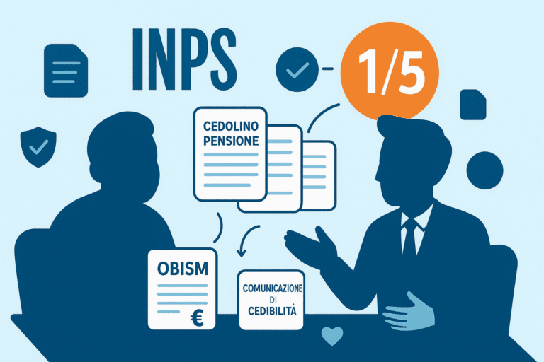 Illustrazione in stile flat CAF Public che raffigura un pensionato e un consulente CAF mentre discutono la Cessione del Quinto INPS 2026, con documenti come ObisM, Cedolino Pensione e Comunicazione di Cedibilità e un badge arancione “1/5” a indicare la rata massima.