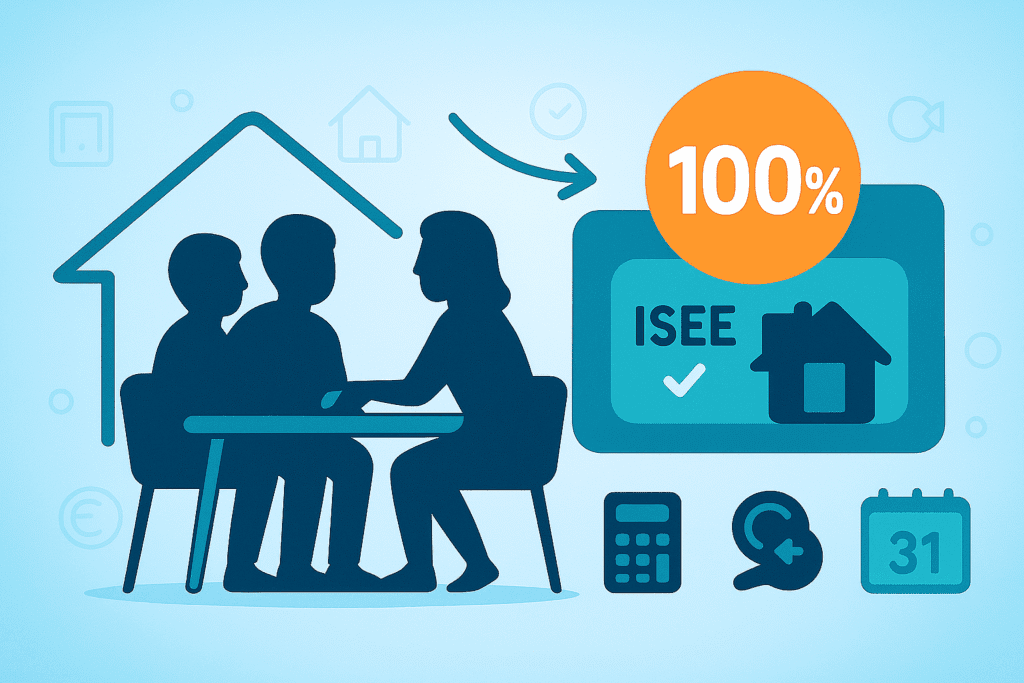 Illustrazione in stile flat CAF Public che mostra una coppia assistita da un consulente CAF per la richiesta dell’ISEE 2026 per il Mutuo Prima Casa, con icone di documenti, casa e un badge arancione “100%” su sfondo blu moderno e professionale.