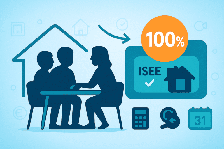 Illustrazione in stile flat CAF Public che mostra una coppia assistita da un consulente CAF per la richiesta dell’ISEE 2026 per il Mutuo Prima Casa, con icone di documenti, casa e un badge arancione “100%” su sfondo blu moderno e professionale.