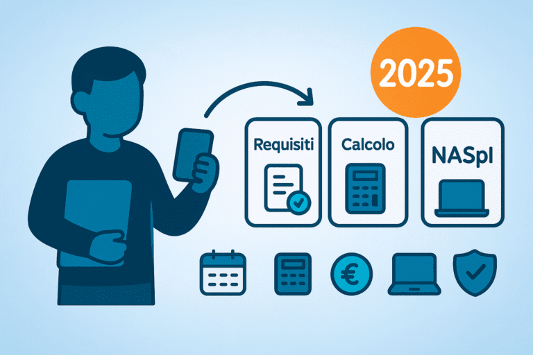 Infografica flat 2.0 sulla NASpI 2025: una figura con cartella e smartphone indica tre card con i passaggi principali — Requisiti, Calcolo e NASpI. In alto un badge arancione con “2025” e in basso micro-icone di calendario, calcolatrice, euro, laptop e scudo con spunta.