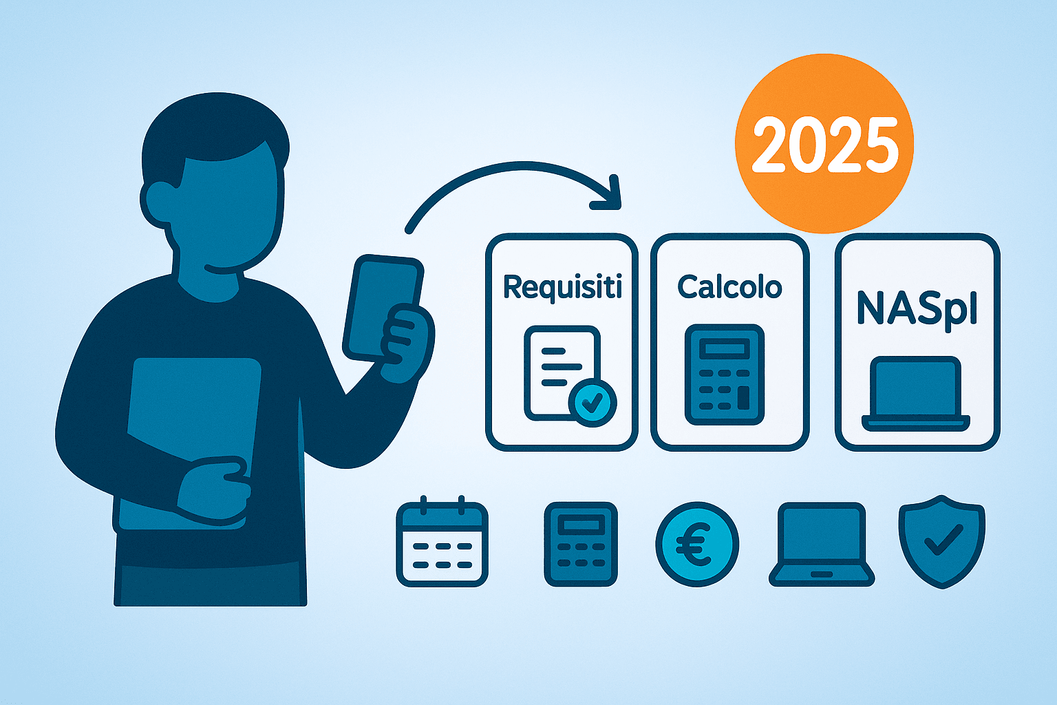 Infografica flat 2.0 sulla NASpI 2025: una figura con cartella e smartphone indica tre card con i passaggi principali — Requisiti, Calcolo e NASpI. In alto un badge arancione con “2025” e in basso micro-icone di calendario, calcolatrice, euro, laptop e scudo con spunta.