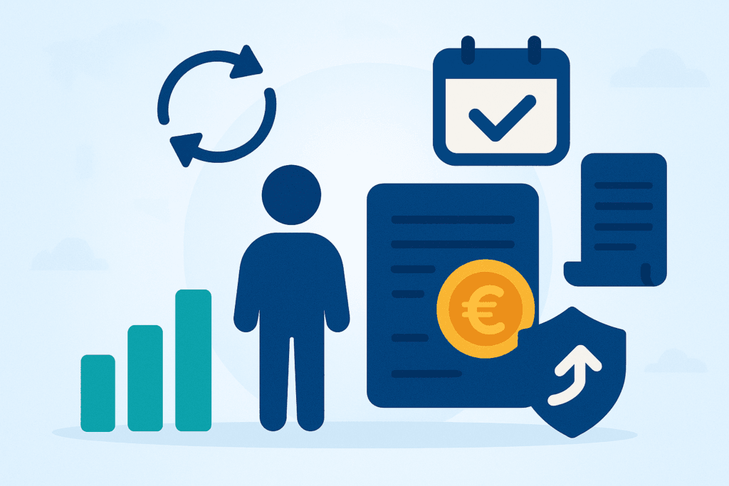 Illustrazione flat in stile CAF Public con silhouette di pensionato, grafico a barre, calendario con check, documenti con moneta euro e scudo con freccia verso l’alto, a rappresentare la previdenza 2026 tra rivalutazione delle pensioni e riforma fiscale.