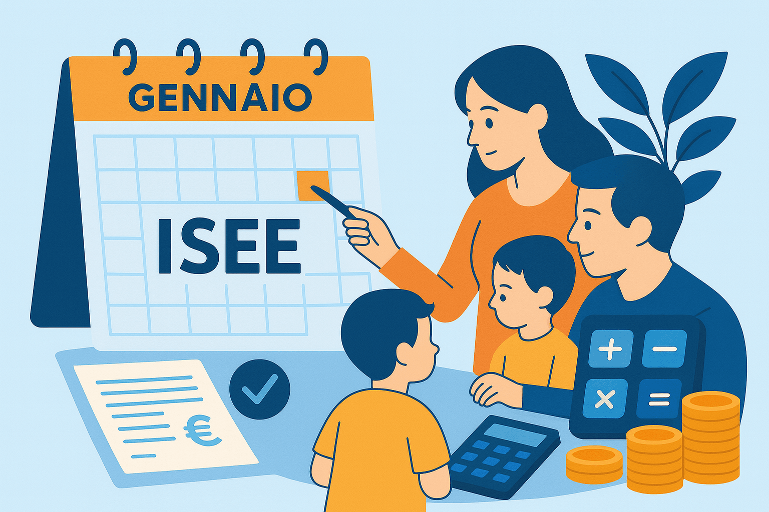 Illustrazione flat su Assegno Unico 2026 e ISEE: pianificazione familiare, scadenze di gennaio e gestione delle prestazioni INPS.