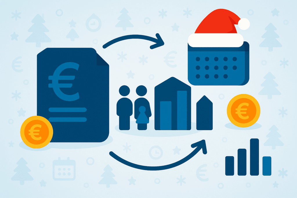 Illustrazione flat sul Bonus Natale per lavoratori dipendenti: documento fiscale, calendario di dicembre con elemento natalizio, famiglia, verifica CAF e moneta euro.