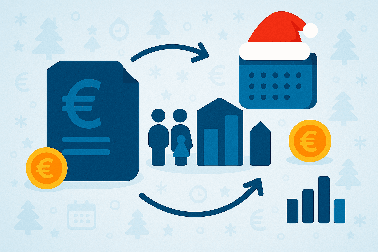 Illustrazione flat sul Bonus Natale per lavoratori dipendenti: documento fiscale, calendario di dicembre con elemento natalizio, famiglia, verifica CAF e moneta euro.