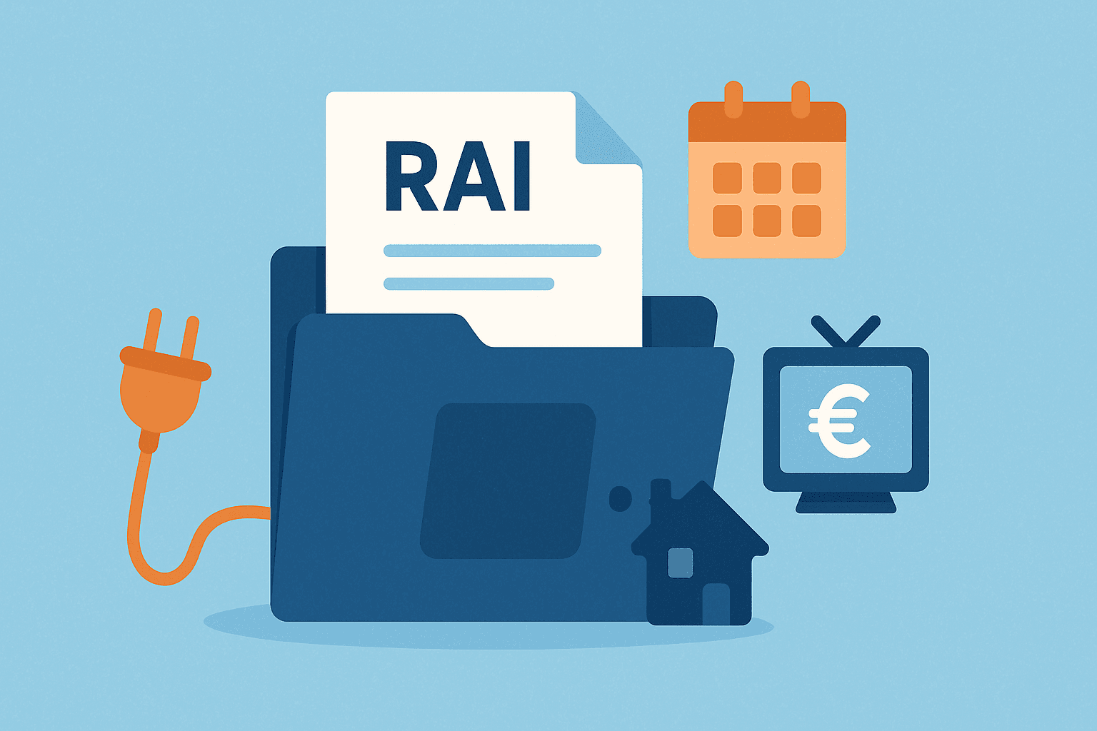 Illustrazione flat CAF Public sul canone RAI 2026 con documento fiscale, televisore, calendario di gennaio e utenza elettrica, che rappresenta l’esonero e la scadenza per la dichiarazione di non detenzione.