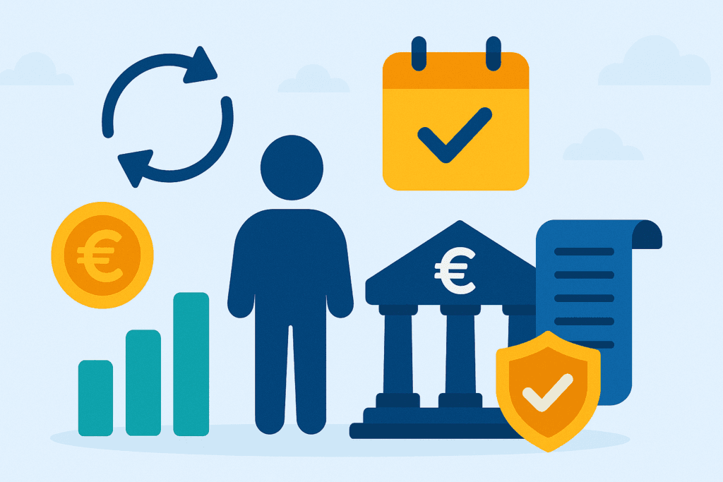 Illustrazione flat in stile CAF Public con icone fiscali: grafico a barre, moneta euro, calendario con check, simbolo di aggiornamento, contribuente stilizzato, banca con simbolo €, scudo di protezione e documento, a rappresentare la guida fiscale integrata 2025-2026.