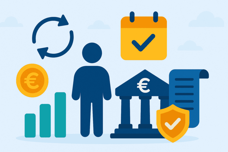 Illustrazione flat in stile CAF Public con icone fiscali: grafico a barre, moneta euro, calendario con check, simbolo di aggiornamento, contribuente stilizzato, banca con simbolo €, scudo di protezione e documento, a rappresentare la guida fiscale integrata 2025-2026.