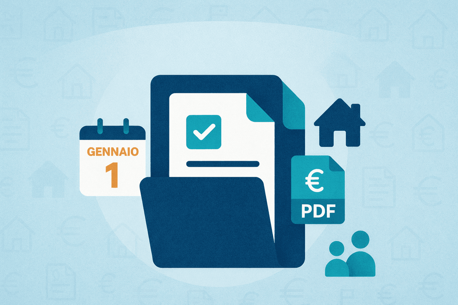 Illustrazione flat su sfondo azzurro con cartella documenti, calendario di gennaio, icone casa e famiglia che rappresentano la preparazione dei documenti per ISEE 2026.