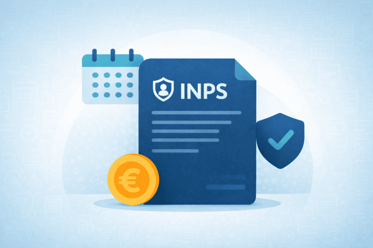 Illustrazione vettoriale in stile flat di un documento INPS NASpI con calendario, moneta euro e icona di verifica, che rappresenta il calcolo dell’indennità di disoccupazione