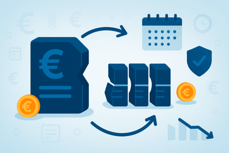 Illustrazione flat in stile CAF Public che rappresenta la rottamazione dei debiti fiscali con documenti spezzati, rate dilazionate nel tempo, calendario dei pagamenti e simboli di riduzione del carico tributario.