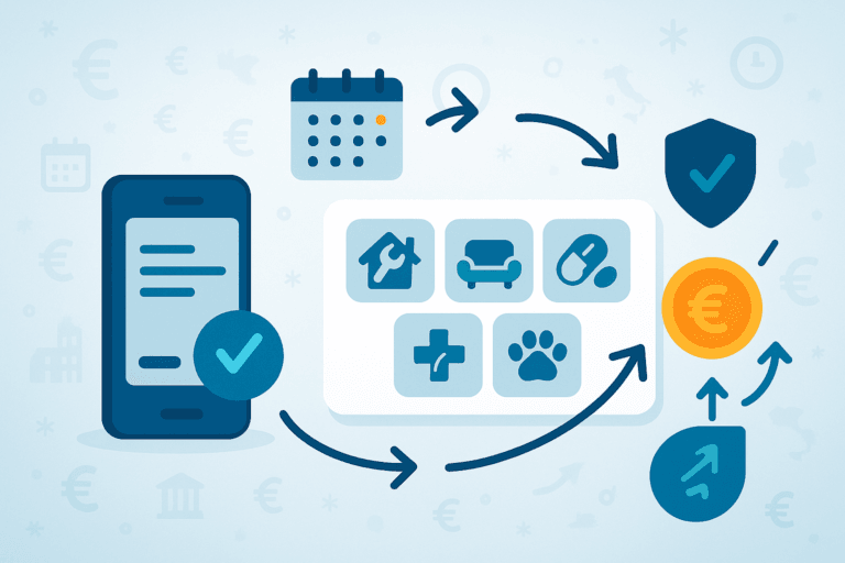 Illustrazione flat sulla pianificazione fiscale di fine 2025: calendario di dicembre, spese detraibili e deducibili, documenti fiscali, icone casa, salute e risparmio con simboli euro.